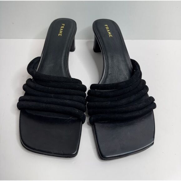 FRAME Sandals‎ Size 5US Black Leather Strappy Slip On Square Toe Heels - Picture 1 of 6